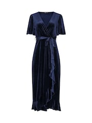 Yours Curve Blue London Velvet Ruffle Wrap Dress - Image 5 of 6