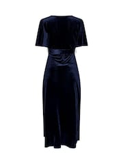 Yours Curve Blue London Velvet Ruffle Wrap Dress - Image 6 of 6