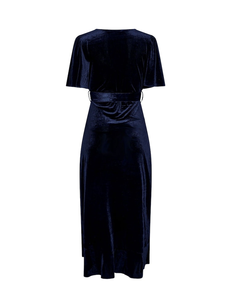 Yours Curve Blue London Velvet Ruffle Wrap Dress - Image 6 of 6