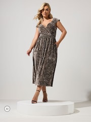 Yours Curve Brown Velvet Wrap Bardot Dress - Image 1 of 6