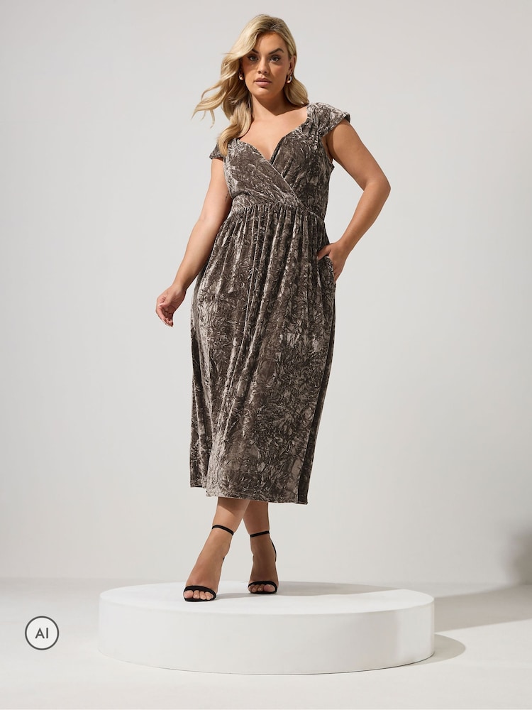 Yours Curve Brown Velvet Wrap Bardot Dress - Image 1 of 6 Yours Curve Brown Velvet Wrap Bardot Dress - Image 1 of 6