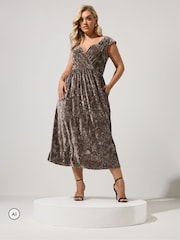 Yours Curve Brown Velvet Wrap Bardot Dress - Image 2 of 6