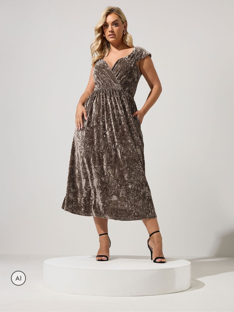 Yours Curve Brown Velvet Wrap Bardot Dress - Image 2 of 6 Yours Curve Brown Velvet Wrap Bardot Dress - Image 2 of 6