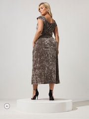Yours Curve Brown Velvet Wrap Bardot Dress - Image 3 of 6