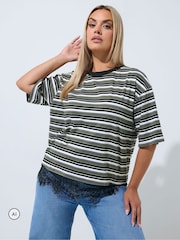 Yours Curve Black Limited Stripe Lace Hem T-Shirt - Image 1 of 6