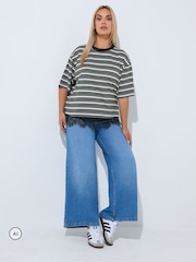 Yours Curve Black Limited Stripe Lace Hem T-Shirt - Image 2 of 6