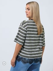 Yours Curve Black Limited Stripe Lace Hem T-Shirt - Image 3 of 6