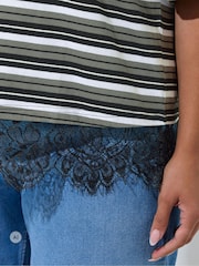 Yours Curve Black Limited Stripe Lace Hem T-Shirt - Image 4 of 6