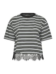 Yours Curve Black Limited Stripe Lace Hem T-Shirt - Image 5 of 6