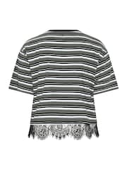 Yours Curve Black Limited Stripe Lace Hem T-Shirt - Image 6 of 6