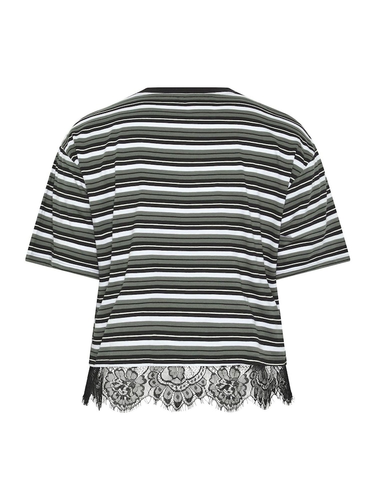 Yours Curve Black Limited Stripe Lace Hem T-Shirt - Image 6 of 6