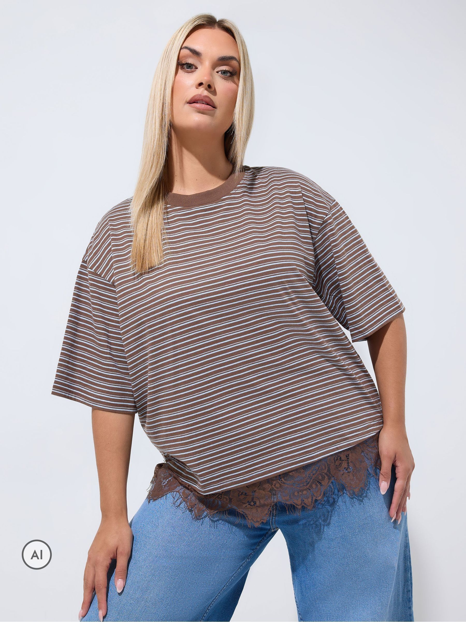 Yours Women's Chocolate Stripe Lace Hem T-Shirt In | Size: 26/28 - Image 6