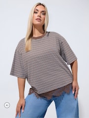 Yours Curve Brown Limited Stripe Lace Hem T-Shirt - Image 1 of 6
