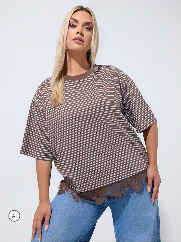 Yours Curve Brown Limited Stripe Lace Hem T-Shirt - Image 1 of 6