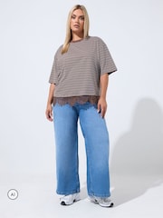 Yours Curve Brown Limited Stripe Lace Hem T-Shirt - Image 2 of 6