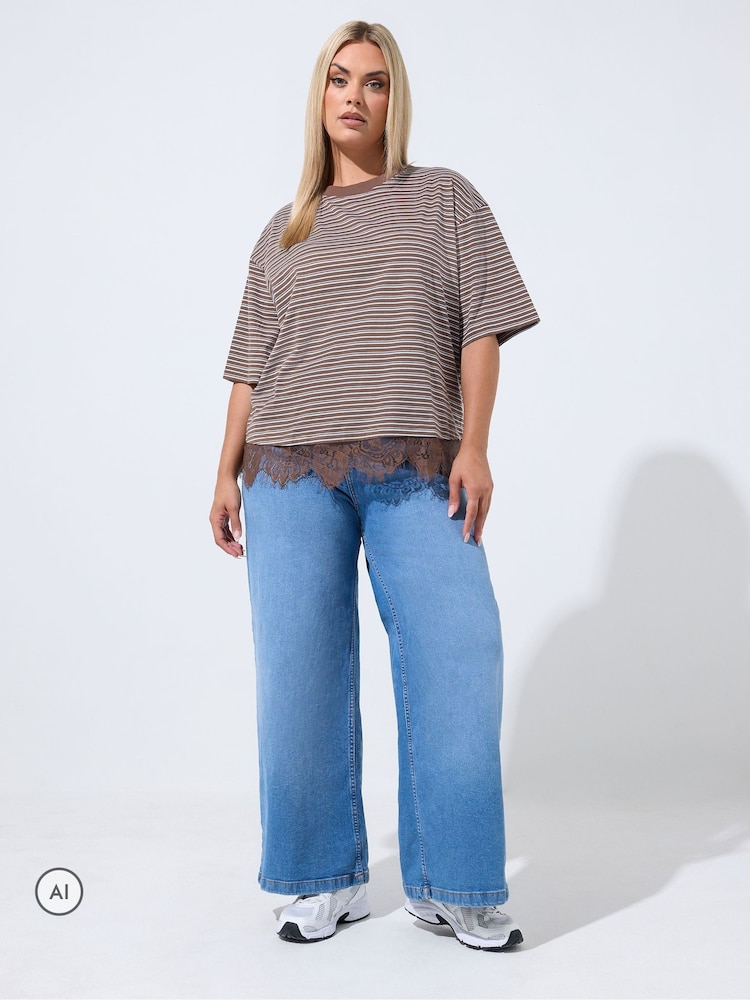 Yours Curve Brown Limited Stripe Lace Hem T-Shirt - Image 2 of 6