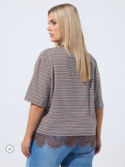 Yours Curve Brown Limited Stripe Lace Hem T-Shirt - Image 3 of 6
