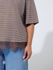 Yours Curve Brown Limited Stripe Lace Hem T-Shirt - Image 4 of 6