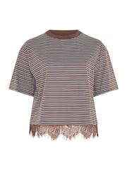 Yours Curve Brown Limited Stripe Lace Hem T-Shirt - Image 5 of 6