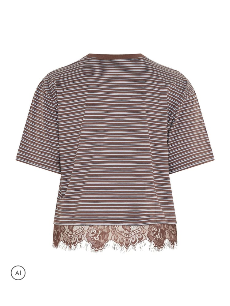 Yours Curve Brown Limited Stripe Lace Hem T-Shirt - Image 6 of 6