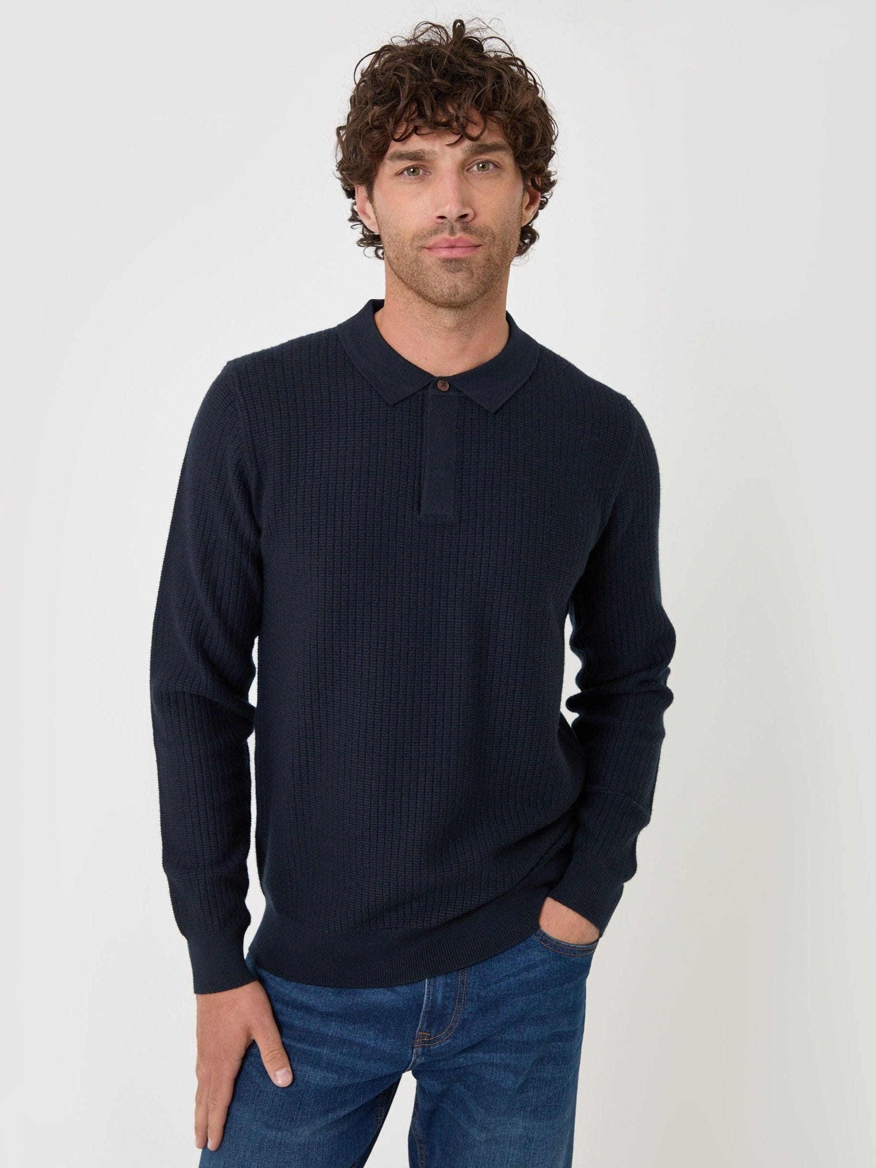 Threadbare Men's Blue Waffle Stitch Polo Button Jumper