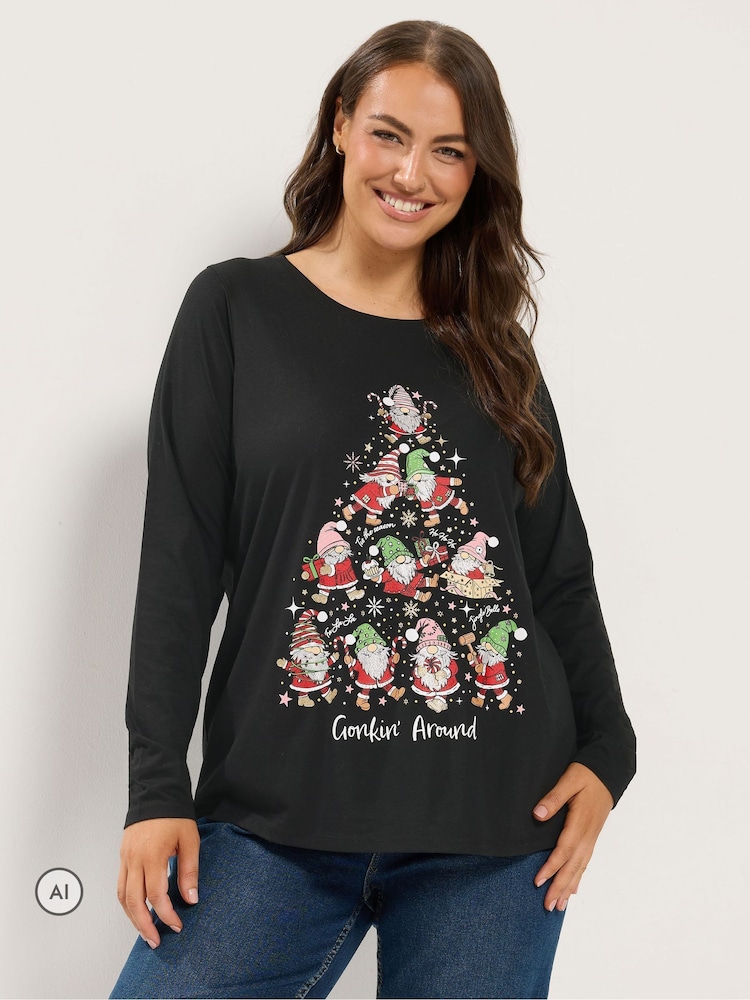 Yours Curve Black 'Gonking Around' Novelty Long Sleeve T-Shirt - Image 1 of 6