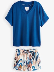 Blue Abstract Linen Blend Short Set Pyjamas - Image 6 of 8