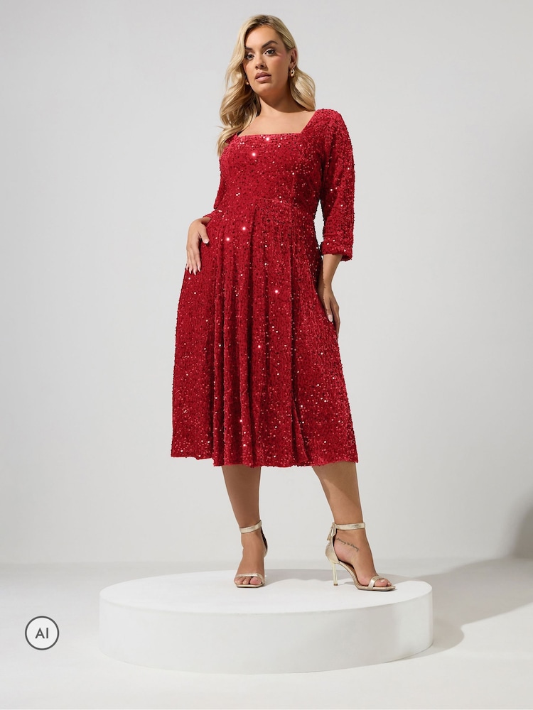 Червоний - Yours Curve London Sequin Velvet Skater Dress - Image 1 of 6