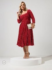 Червоний - Yours Curve London Sequin Velvet Skater Dress - Image 2 of 6