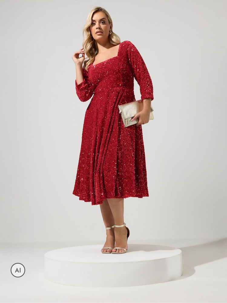 Червоний - Yours Curve London Sequin Velvet Skater Dress - Image 2 of 6
