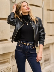 Sosandar Leather Funnel Collar Bomber Jacket - Imagen 3 de 5