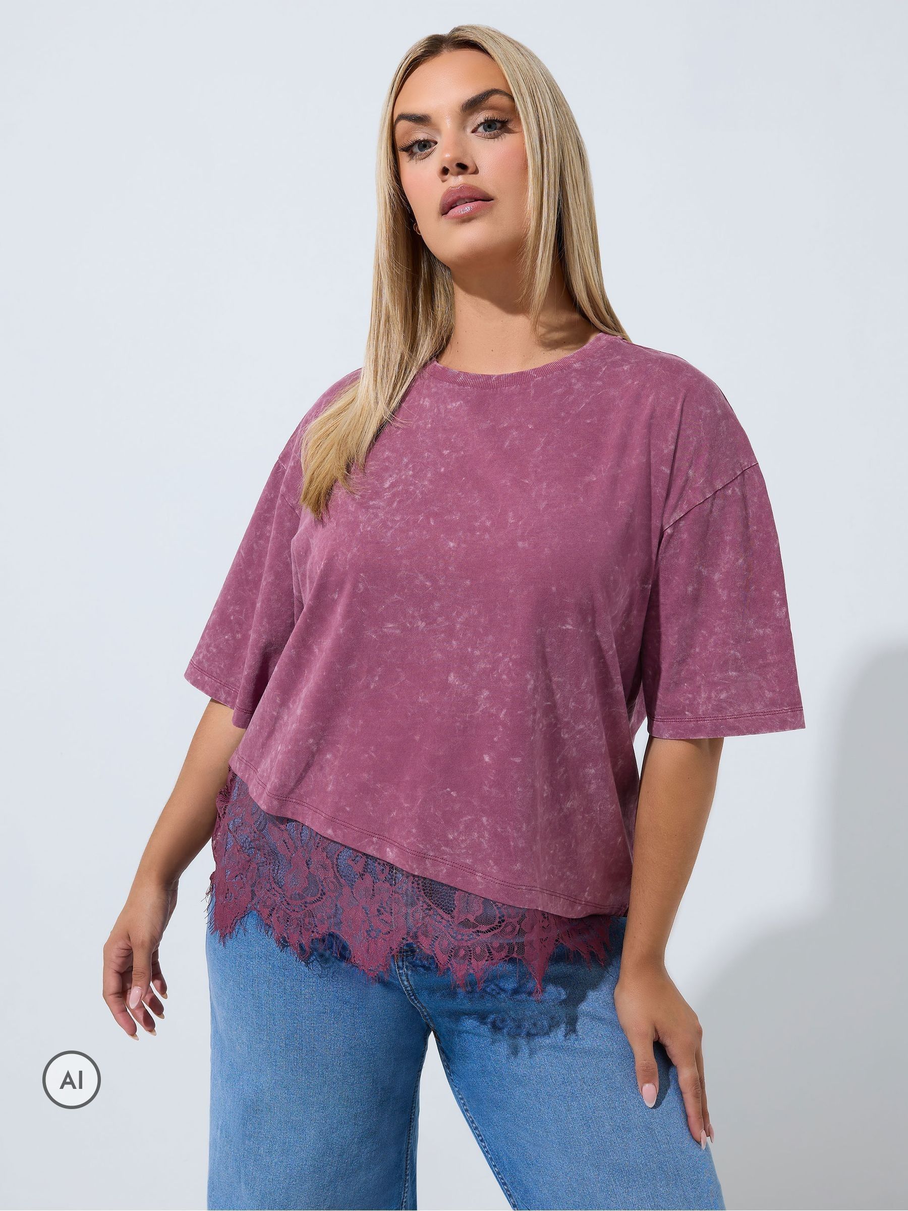 Yours Women's Burgundy Acid Wash Lace T-Shirt In | Size: 26/28 - Image 3