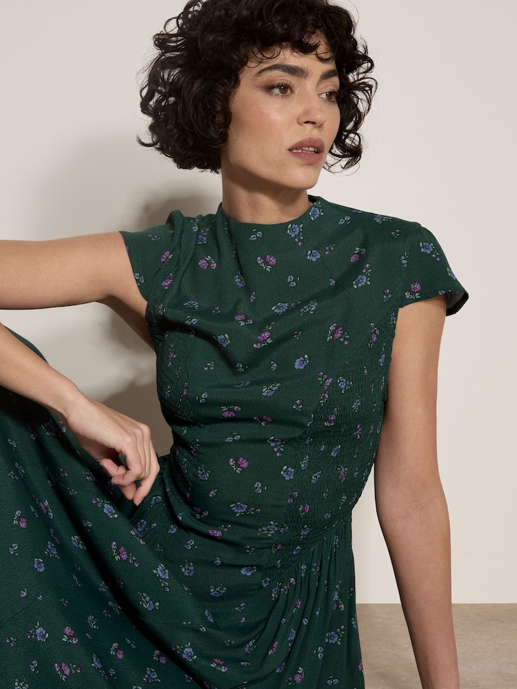 Apricot Floral Crepe Smocked Midi Dress - 4суретінің 1 суреті