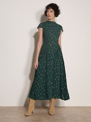 Apricot Floral Crepe Smocked Midi Dress - 4суретінің 3 суреті