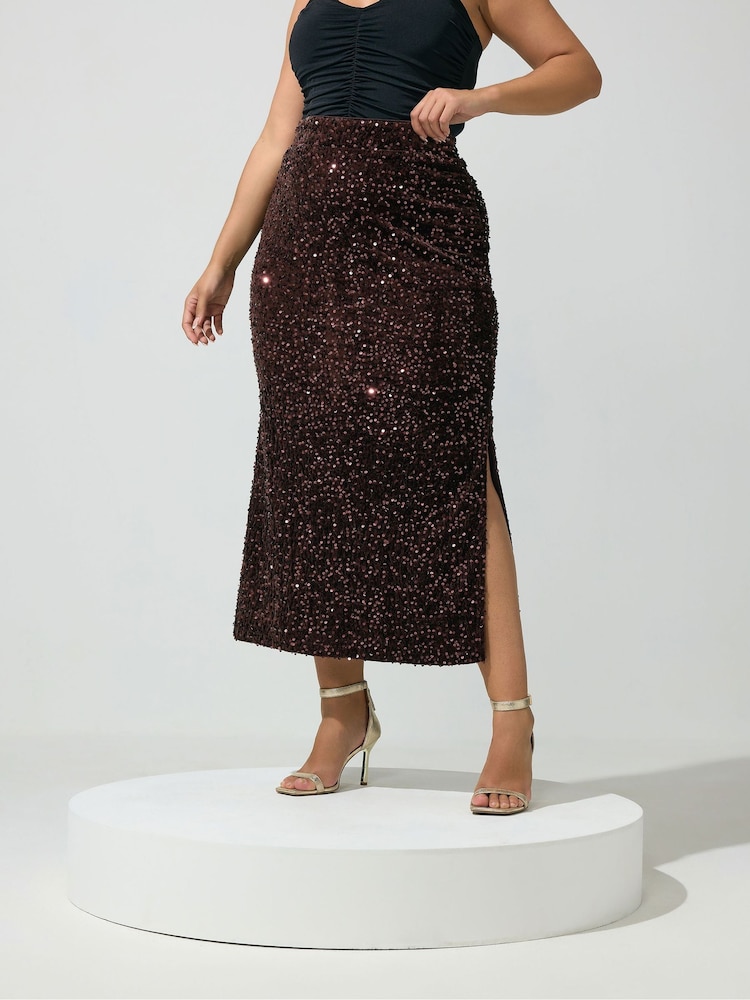 Yours Curve Brown Sequin Velvet Maxi Skirt - Image 1 of 6 Yours Curve Brown Sequin Velvet Maxi Skirt - Image 1 of 6