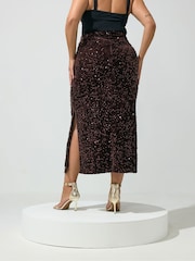 Yours Curve Brown Sequin Velvet Maxi Skirt - Image 3 of 6