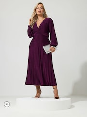 Yours Curve Pink London Metallic Pleated Knot Dress - Image 1 of 6
