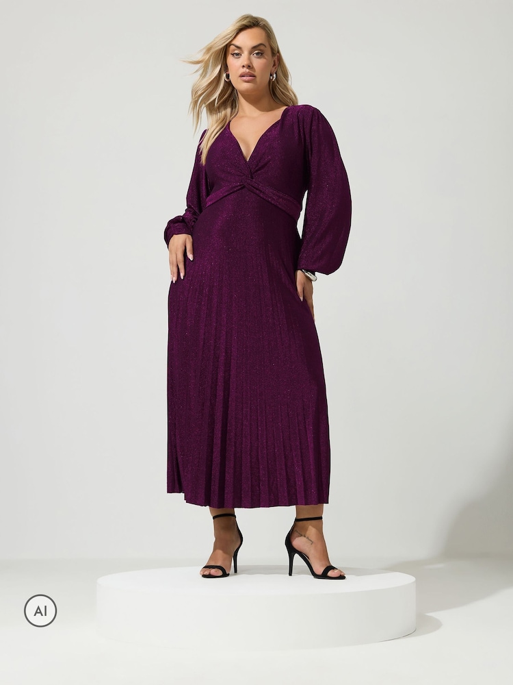Yours Curve Pink London Metallic Pleated Knot Dress - Image 2 of 6
