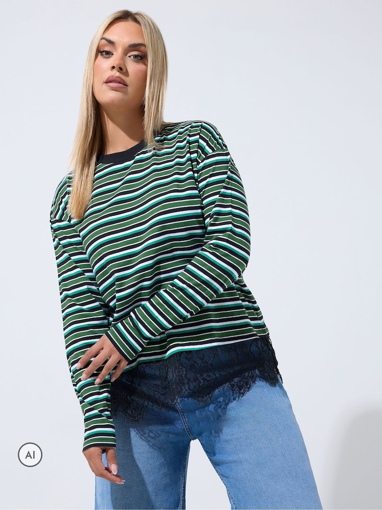 Yours Curve Green Limited Stripe Long Sleeve Lace Hem T-Shirt - Image 1 of 6 Yours Curve Green Limited Stripe Long Sleeve Lace Hem T-Shirt - Image 1 of 6
