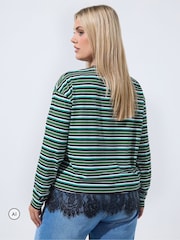 Yours Curve Green Limited Stripe Long Sleeve Lace Hem T-Shirt - Image 2 of 6