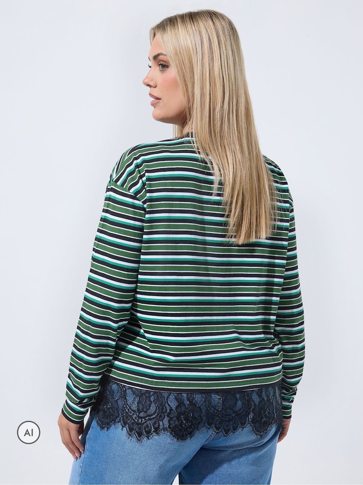 Yours Curve Green Limited Stripe Long Sleeve Lace Hem T-Shirt - Image 2 of 6 Yours Curve Green Limited Stripe Long Sleeve Lace Hem T-Shirt - Image 2 of 6
