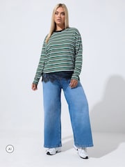 Yours Curve Green Limited Stripe Long Sleeve Lace Hem T-Shirt - Image 3 of 6