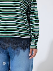 Yours Curve Green Limited Stripe Long Sleeve Lace Hem T-Shirt - Image 4 of 6