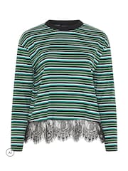 Yours Curve Green Limited Stripe Long Sleeve Lace Hem T-Shirt - Image 5 of 6