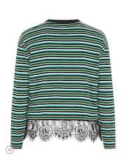 Yours Curve Green Limited Stripe Long Sleeve Lace Hem T-Shirt - Image 6 of 6