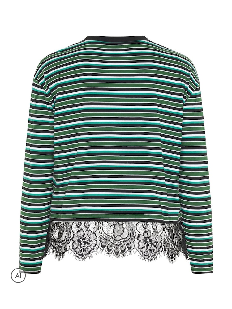 Yours Curve Green Limited Stripe Long Sleeve Lace Hem T-Shirt - Image 6 of 6 Yours Curve Green Limited Stripe Long Sleeve Lace Hem T-Shirt - Image 6 of 6