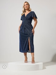 Yours Curve Blue Metallic Thread Knot Dress - Image 1 of 6