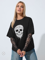 Yours Curve Black Limited Puff Skull Print Lace Sleeve T-Shirt - Image 1 of 6