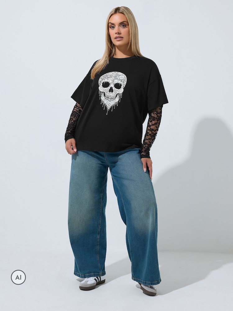 Yours Curve Black Limited Puff Skull Print Lace Sleeve T-Shirt - Image 2 of 6 Yours Curve Black Limited Puff Skull Print Lace Sleeve T-Shirt - Image 2 of 6