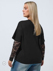 Yours Curve Black Limited Puff Skull Print Lace Sleeve T-Shirt - Image 3 of 6
